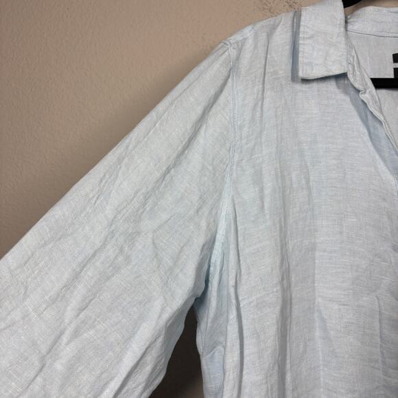 Tahari Essentials 2X Roll Tab Sleeves Linen Tunic Shirt Light Blue Button Up - Picture 3 of 9